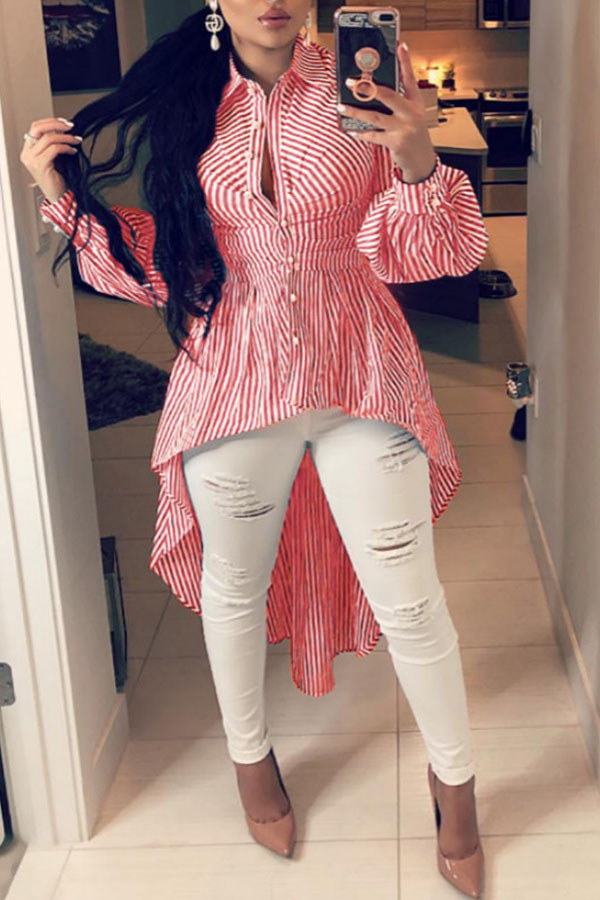 

Lovely Casual Irregular Hems Striped Red Cotton Blouses