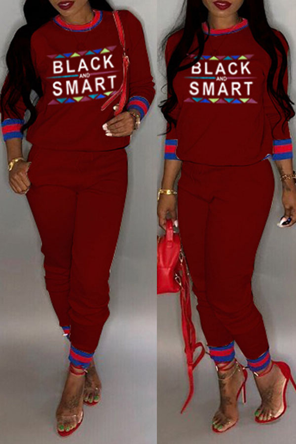 

Lovely Casual Patchwork Printed Wine Red Blending Two-piece Pants Set