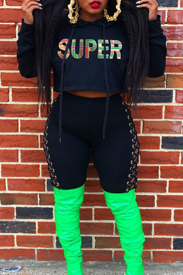 

Lovely Casual Letters Printed Bandage Design Black Blending Two-piece Pants Set