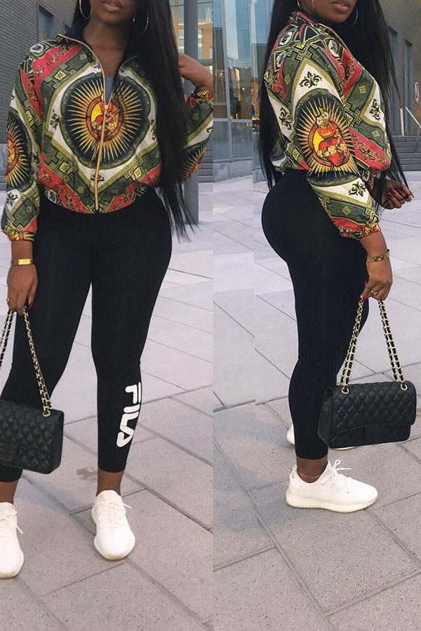 

Lovely Euramerican Long Sleeves Printed Multicolor Twilled Satin Jacket