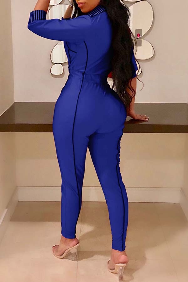 Lovely Casual Zippers Design Skinny Blue Twilled Satin One-piece ...