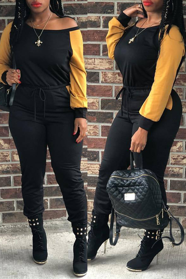 

Lovely Casual Patchwork Black Knitting One-piece Jumpsuit