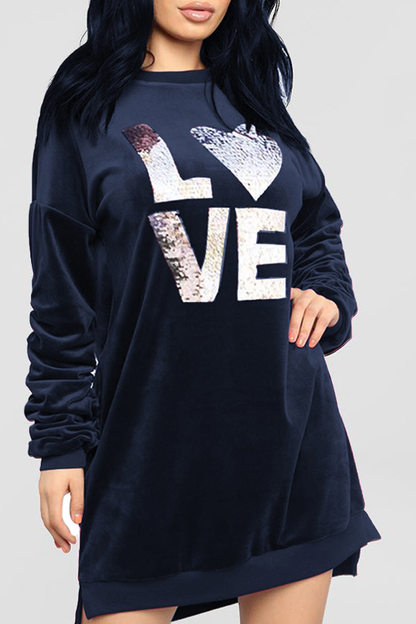 

Lovely Euramerican Letters Printed Dark Blue Knee Length Dress