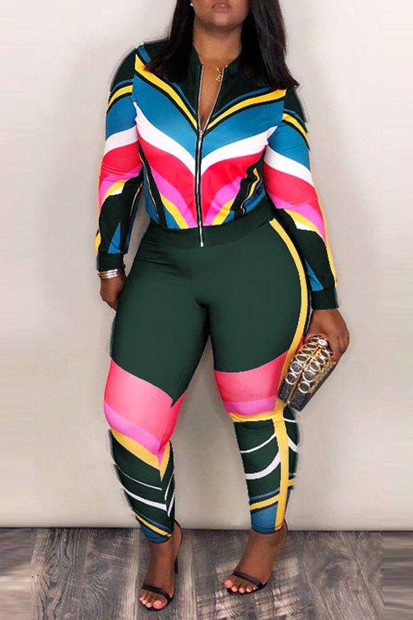 

Lovely Sportswear Patchwork Deep Green Blending Two-piece Pants Set