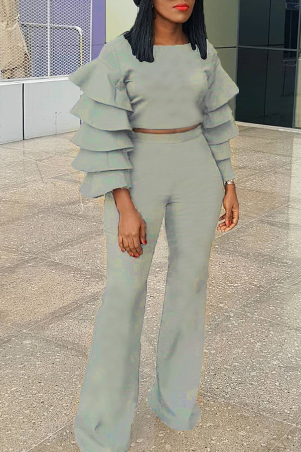 

Lovely Temperament Lotus Leaf Sleeves Grey Knitting Two-piece Pants Set