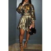 Lovely Euramerican Lantern Sleeves Gold Mini Dress