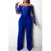 Lovely Casual Patchwork Loose Blue One-piece Jumps