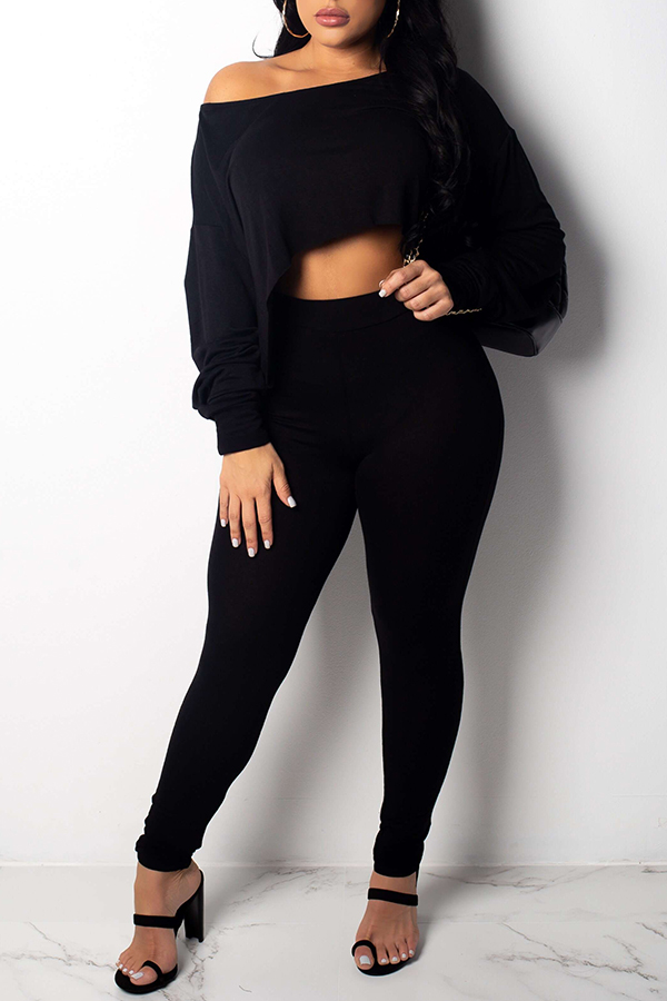 

Lovely Casual Show A Shoulder Black Cotton Two-piece Pants Set