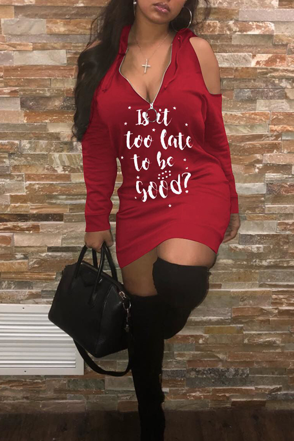 

Lovely Fashionable Letters Printed Red Blending Mini Dress