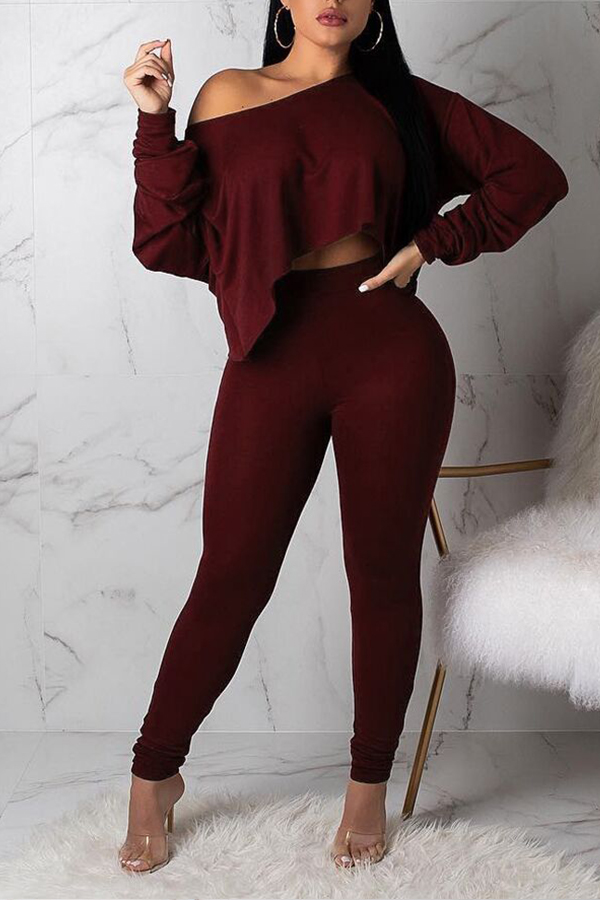

Lovely Casual Show A Shoulder Wine Red Cotton Two-piece Pants Set