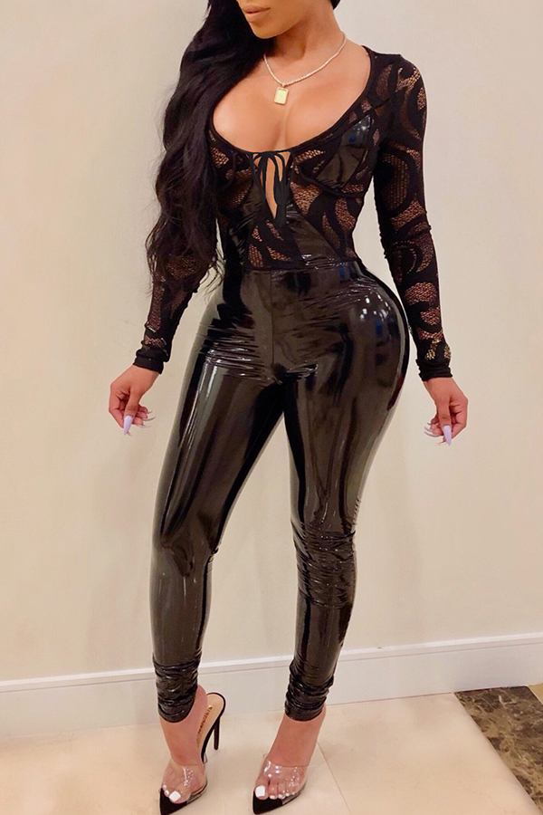 

Lovely Sexy Lace Patchwork Black PU One-piece Jumpsuit