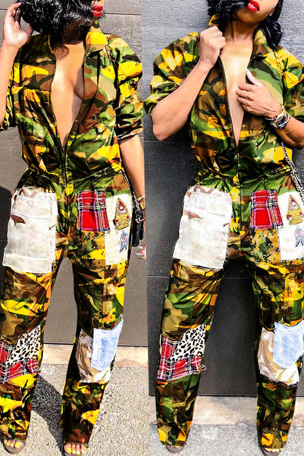 

Lovely Euramerican Patchwork Camouflage Printed Yellow One-piece Jumpsuit