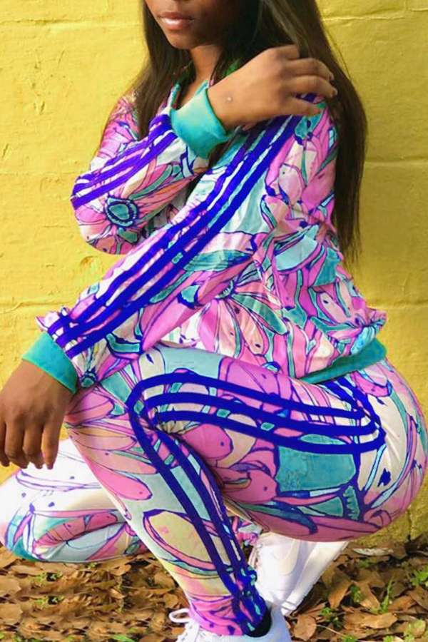 

Lovely Casual Floral Print Skyblue Twilled Satin Two-piece Pants Set