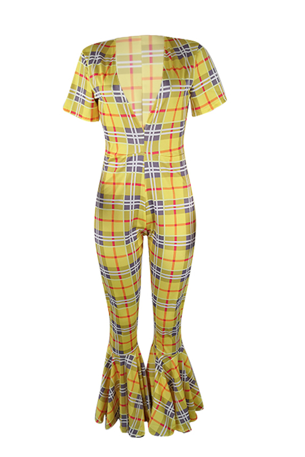 

Lovely Sexy Grid Printed Yellow One-piece Bell-bottoms