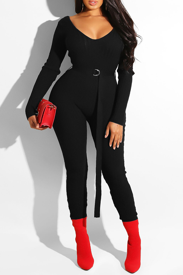 Lovely Casual Long Sleeves Black Knitting One-piece Jumpsuit_Jumpsuit