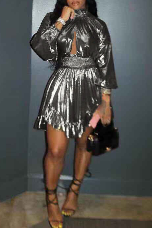 

Lovely Euramerican Lantern Sleeves Silver Mini Dress