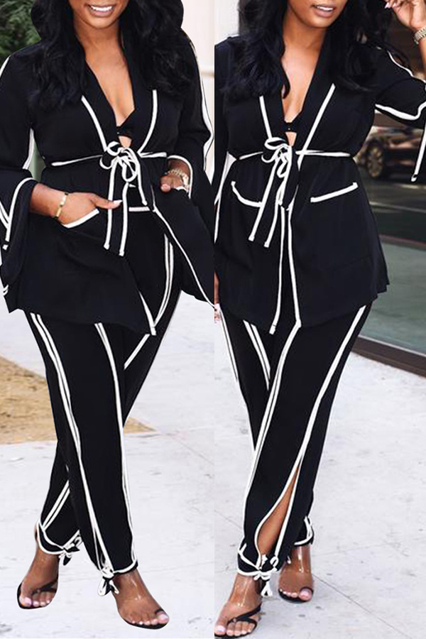 

Lovely Fashionable Striped Black Two-piece Pants Set