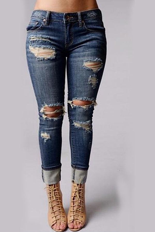 

Lovely Trendy Broken Holes Blue Denim Jeans
