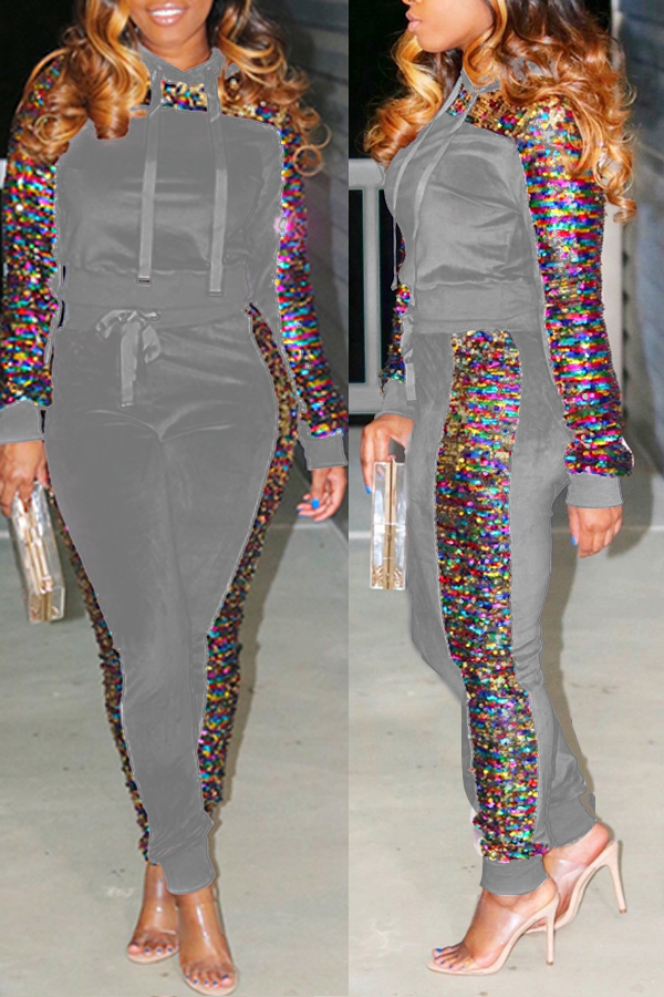 

Lovely Casual Sequined Decorative Grey Two-piece Pants Set