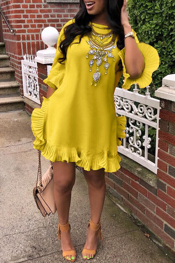 Lovely Sweet Ruffle Design Yellow Blending Mini Dress Dresses Lovelywholesale Wholesale Shoes