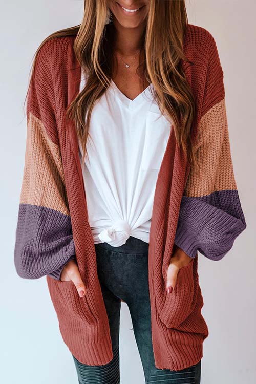 

Lovely Casual Puff Sleeves Patchwork Red Sweater Cardigans