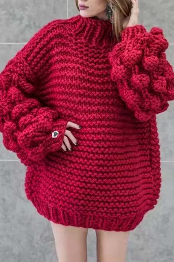 Lovely Casual Puff Sleeves Wine Red Cotton Sweaters