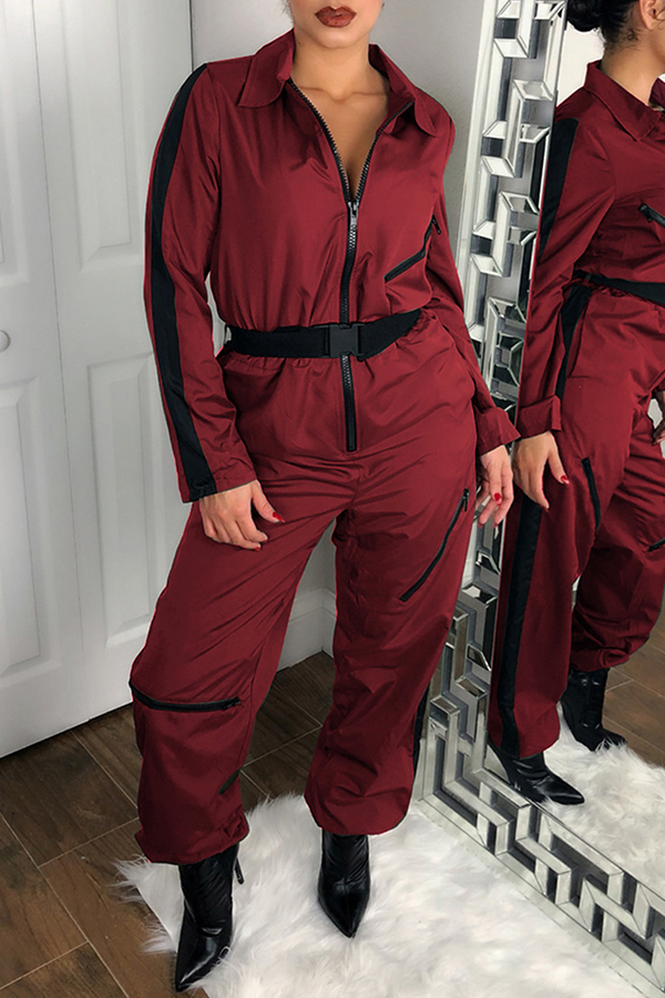 Lovely Casual Long Sleeves Zipper Red Onepiece Jumpsuit(With Belt