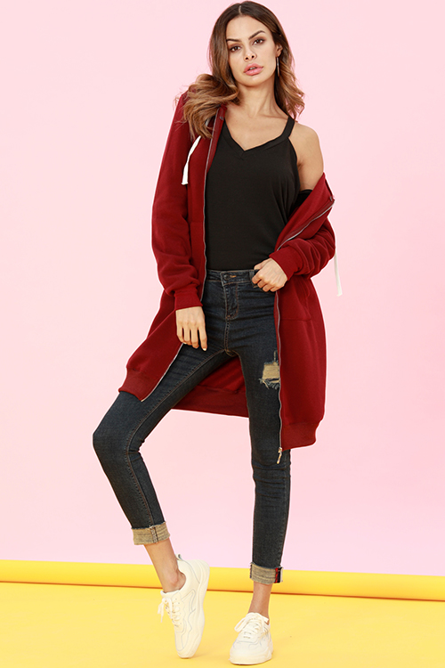 

Lovely Casual Long Sleeves Purplish Red Long Coat