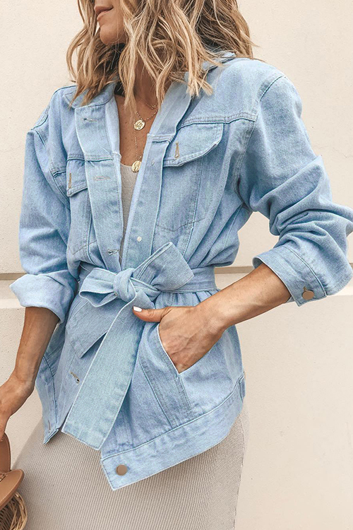 

Lovely Stylish Lace-up Baby Blue Cotton Coat