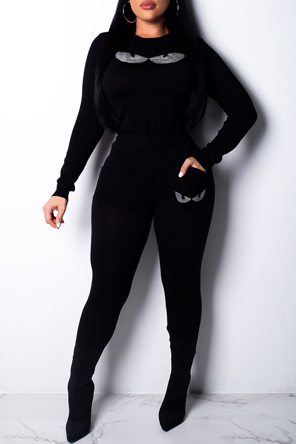 

Lovely Casual Hot Drilling Decorative Black Blending Two-piece Pants Set