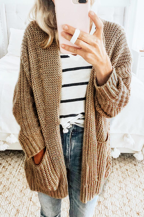 Lovely Casual Long Sleeves Pocket Khaki Sweater Cardigans