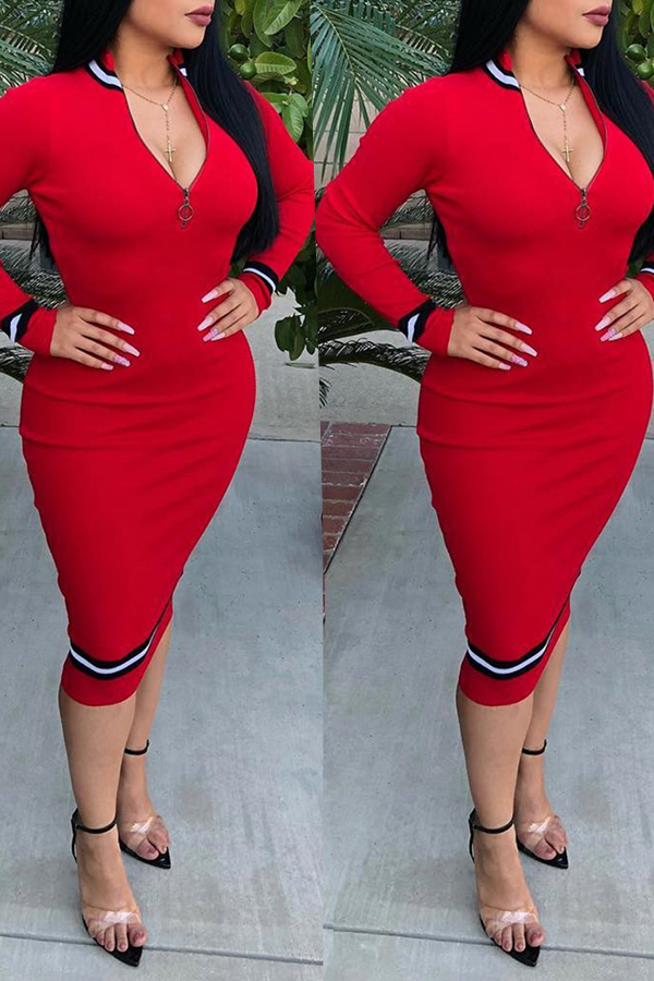 

Lovely Casual Patchwork Slim Red Twilled Satin Mid Calf Dress