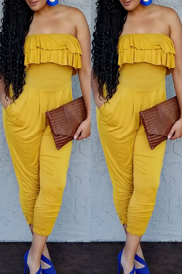

Lovely Trendy Dew Shoulder Yellow One-piece Jumpsuit