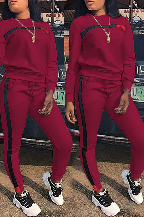 

Lovely Casual Long Sleeve Patchwork Wine Red Twilled Satin Two-piece Pants Set