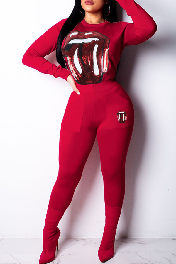 

Lovely Chic Sequined Decorative Red Two-piece Pants Set