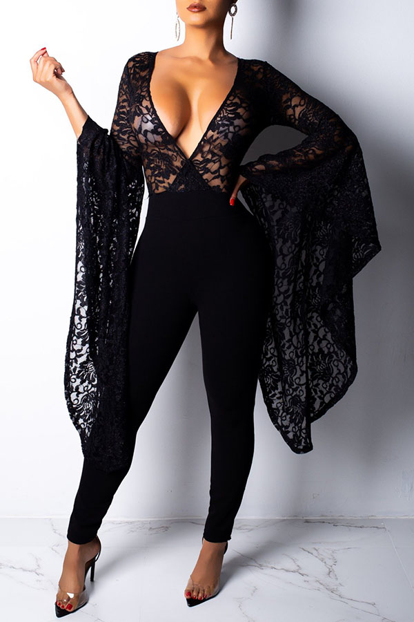 

Lovely Trendy Asymmetrical Black Lace One-piece Jumpsuit