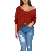 Lovely Casual Torn Edges Wine Red Blending Short S