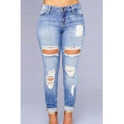 Lovely Casual Broken Holes Skyblue Denim Jeans