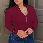 Lovely Casual Bust Zipper Wine Red Sweaters