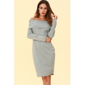 Lovely Work Dew Shoulder Grey Cotton Mid Calf Dres