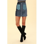 Lovely Chic Zipper Design Blue Mini Skirts