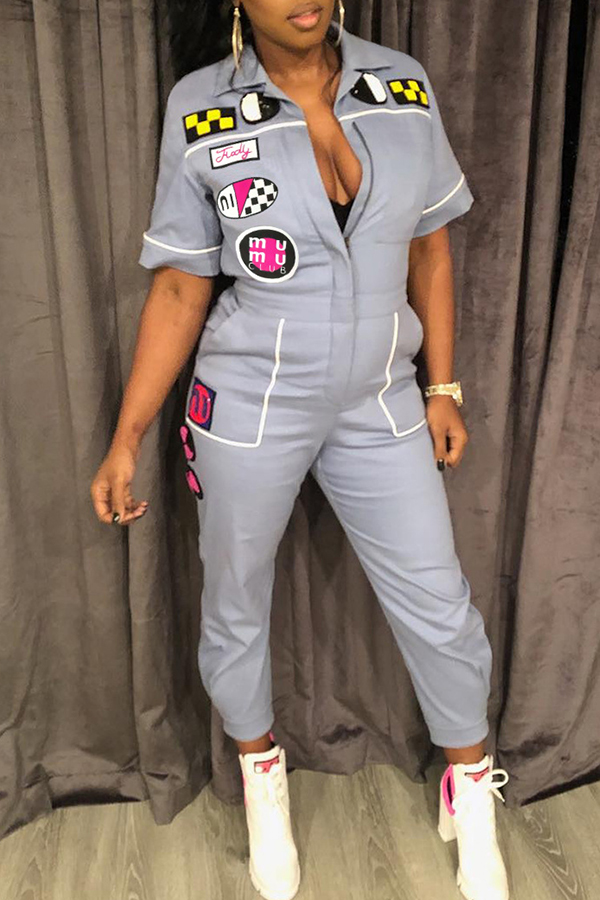 

Lovely Casual Patchwork Grey Twilled Satin One-piece Jumpsuit