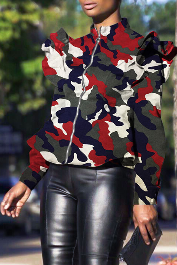 

Lovely Casual Camouflage Printed Wine Red Jacket