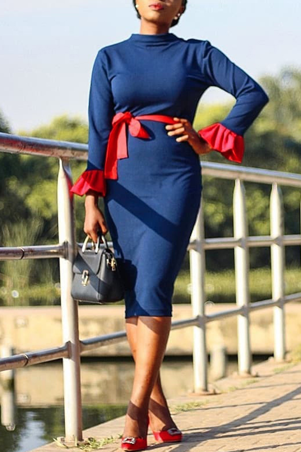 

Lovely Trendy Trumpet Sleeves Blue Knee Length Dress