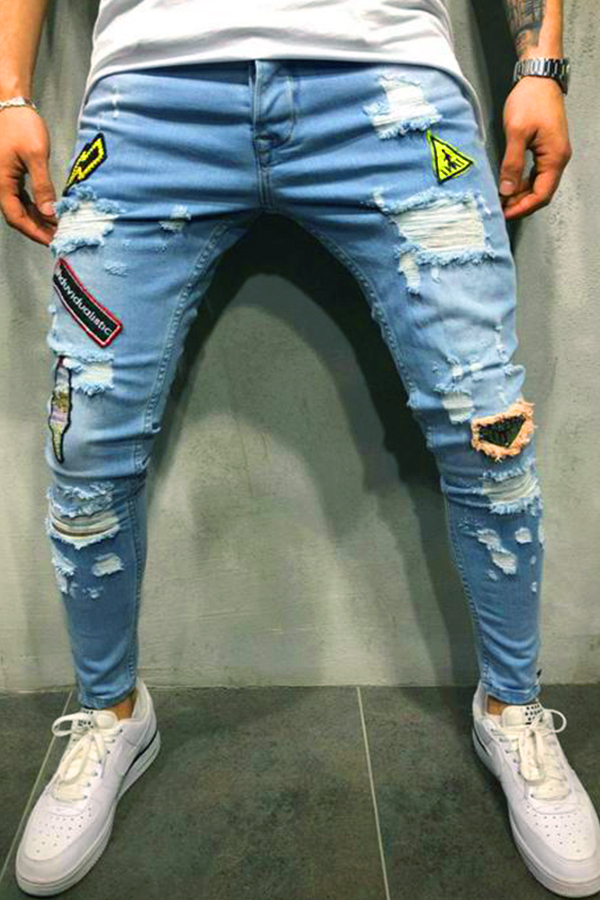 

Lovely Casual Broken Holes Baby Blue Jeans