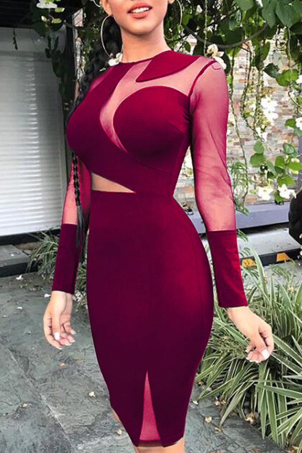 

Lovely Sexy Gauze Patchwork Wine Red Knitting Knee Length Dress