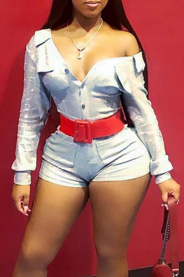 

Lovely Sexy Buttons Decorative Silver One-piece Romper(Without Belt)