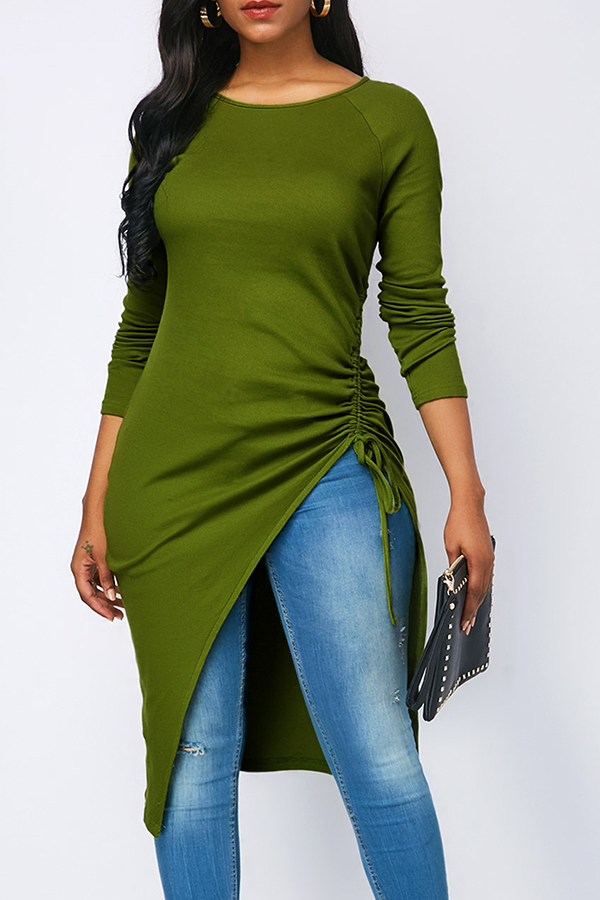 

Lovely Casual Asymmetrical Grass Green Twilled Satin T-shirt