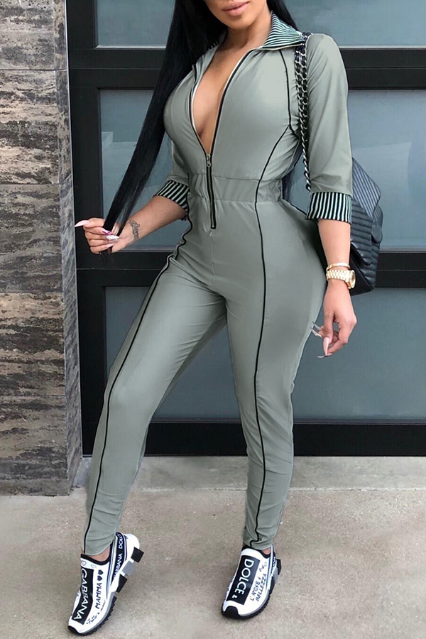 

Lovely Casual Zippers Design Skinny Grey Twilled Satin One-piece Jumpsuit