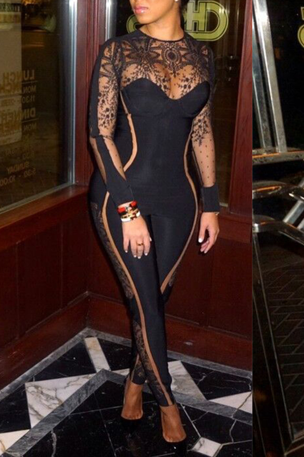 

Lovely Sexy Patchwork Skinny Black Gauze One-piece Jumpsuit
